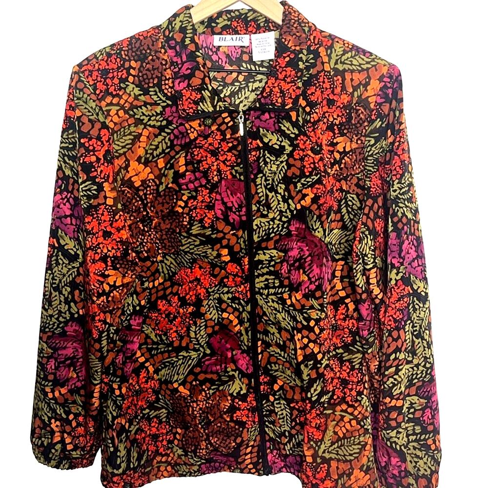 Womens Zip Up Nylon Jacket Size Large Artsy Abstract Art to Wear Colorful Bold